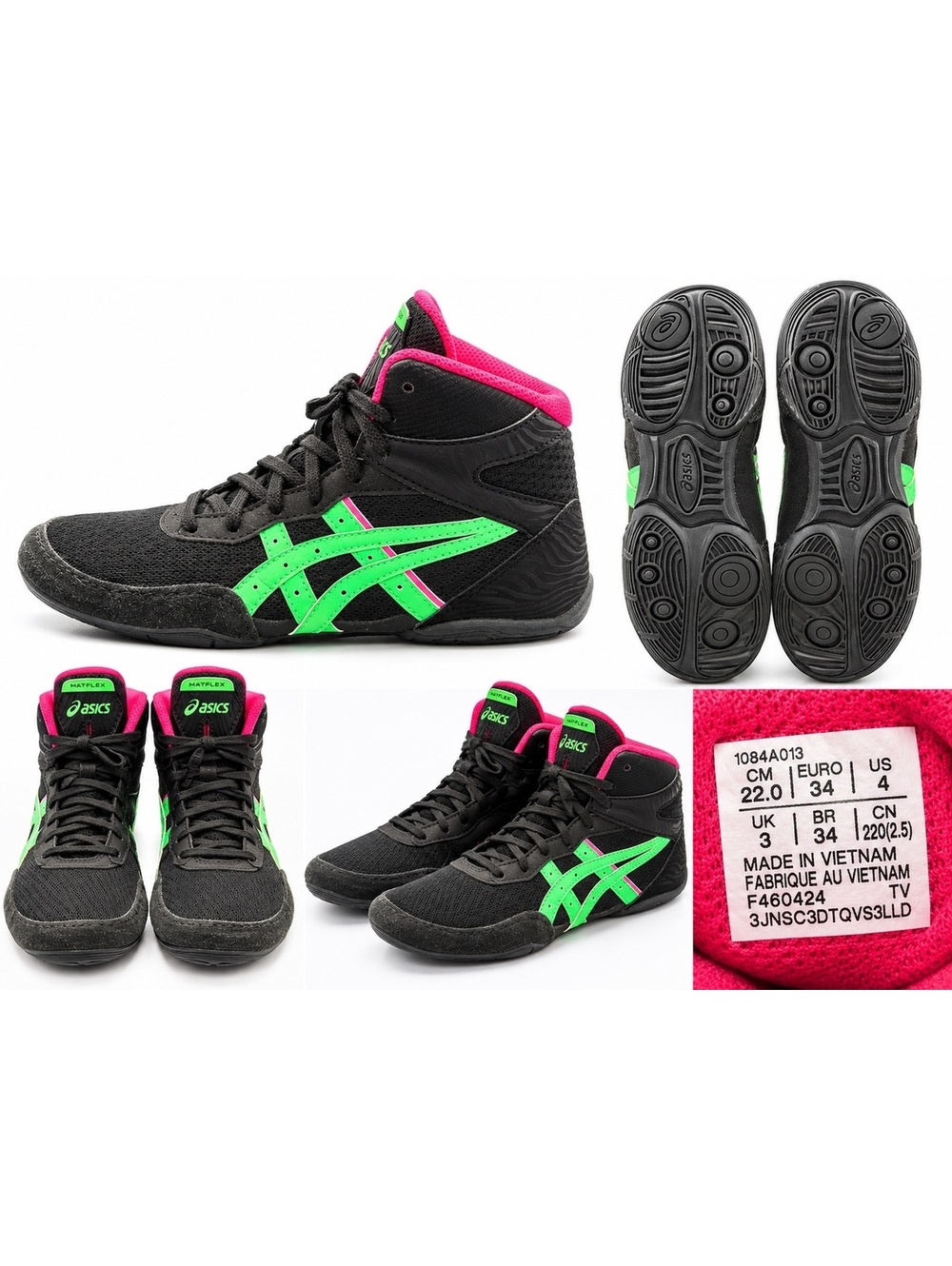 ASICS Matflex Wrestling Shoes Youth Size 4 Black Green Pink 1084A013